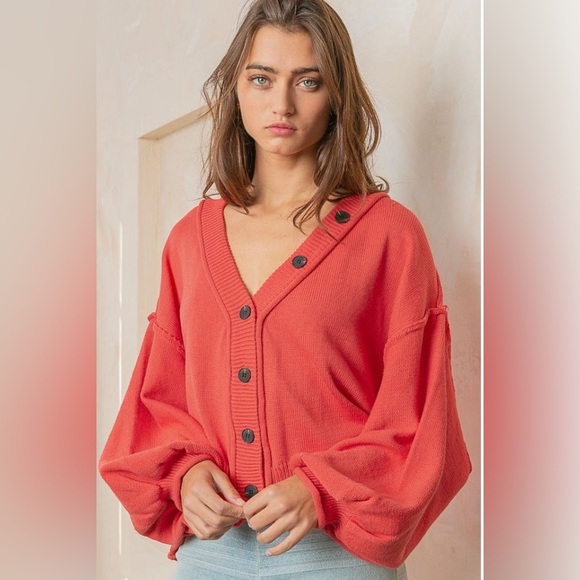 POL Candy Apple Dropped Shoulder Button Down Hacci Relaxed Fit Pullover Cardigan - Picture 5 of 10